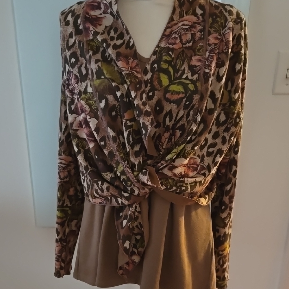 G by Giuliana Brown Floral Leopard Cardigan